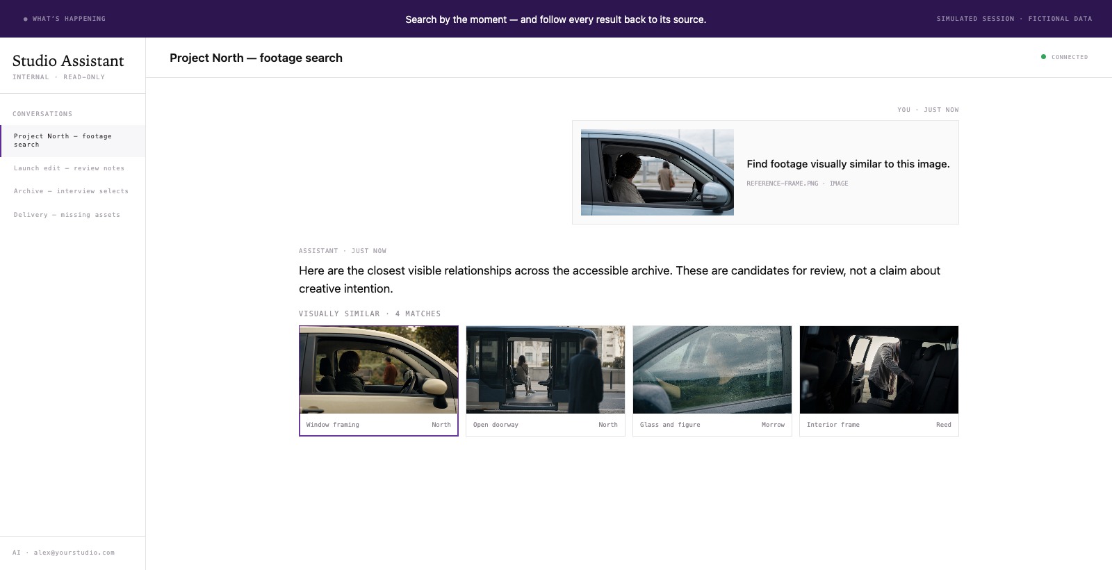 Studio Assistant conversation showing an uploaded reference image and four visually similar footage candidates from fictional projects