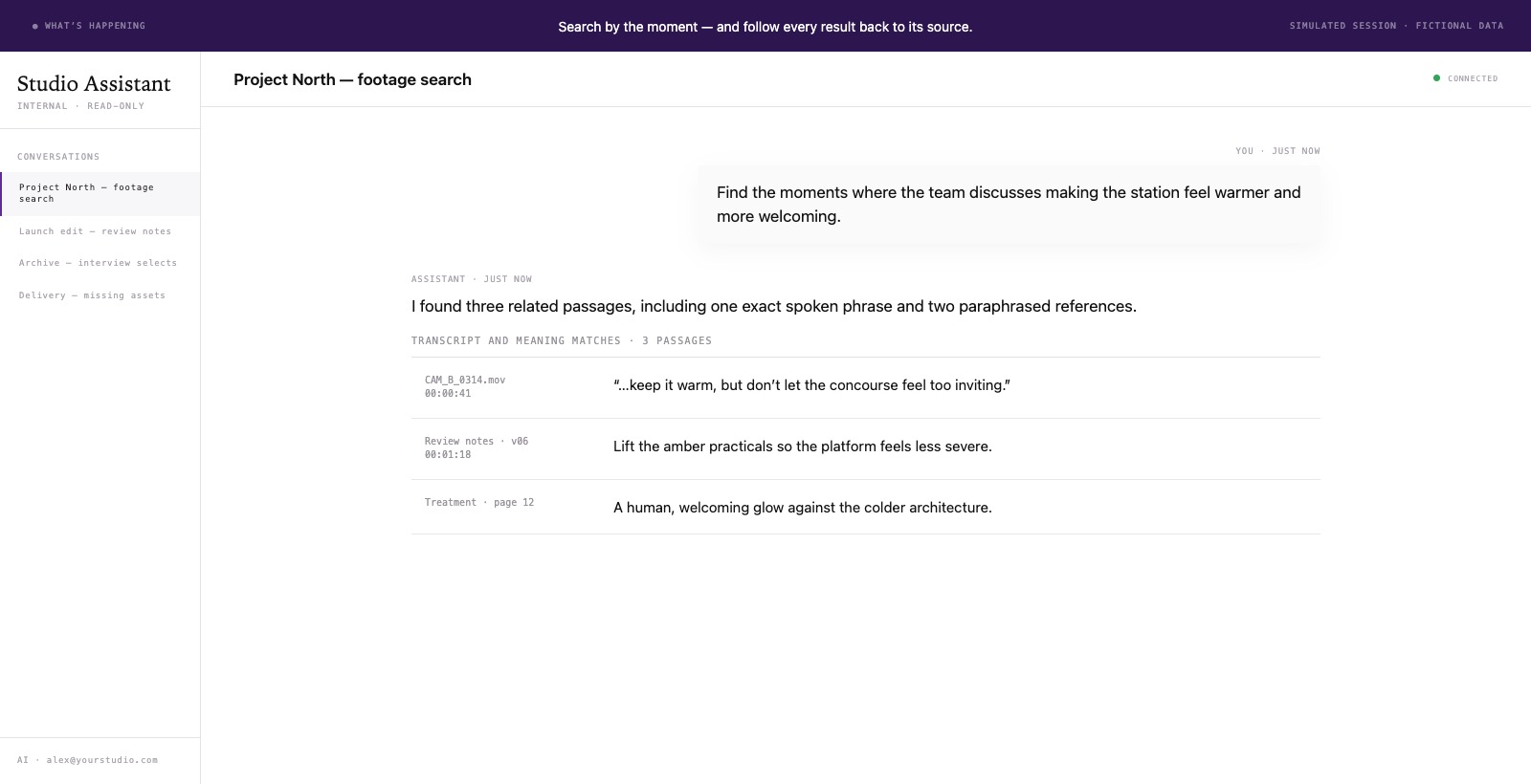 Studio Assistant conversation showing a query about making a station feel warmer, followed by three transcript and meaning matches with source positions