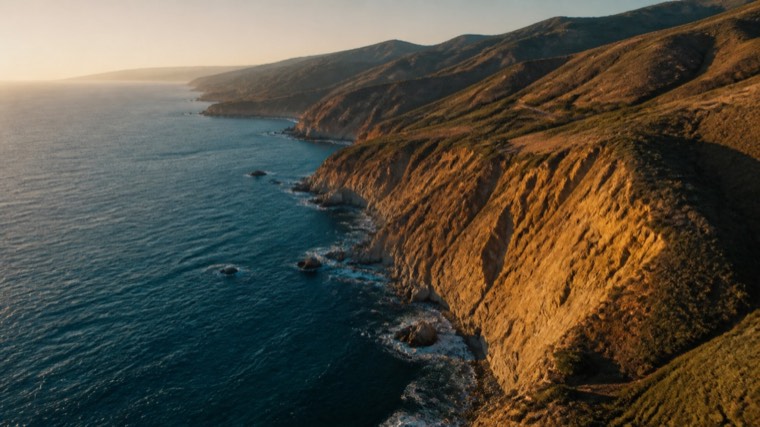 Aerial still: coastal cliffs above the sea in low sun